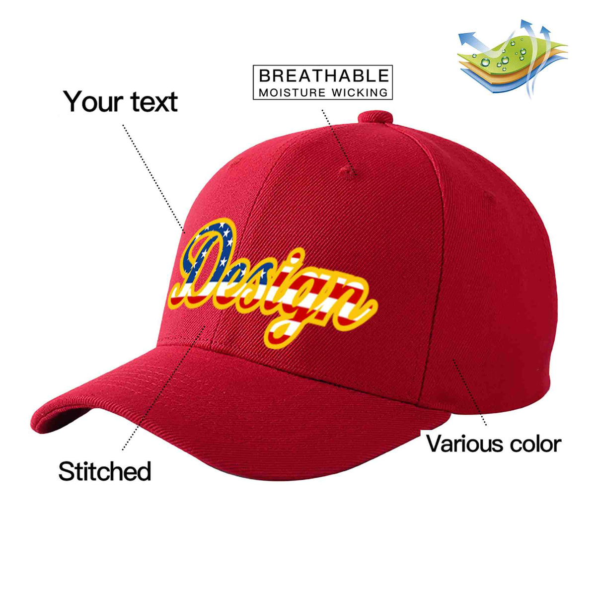 Custom Red Vintage USA Flag-Gold Curved Eaves Sport Design Baseball Cap