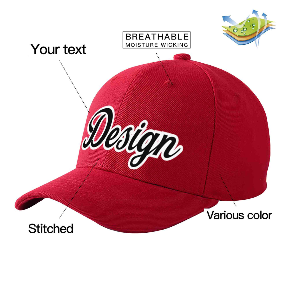 Custom Red Black-White Curved Eaves Sport Design Baseball Cap