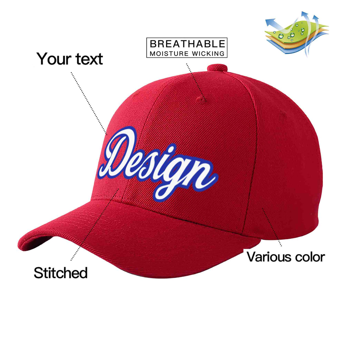 Custom Red White-Royal Curved Eaves Sport Design Baseball Cap