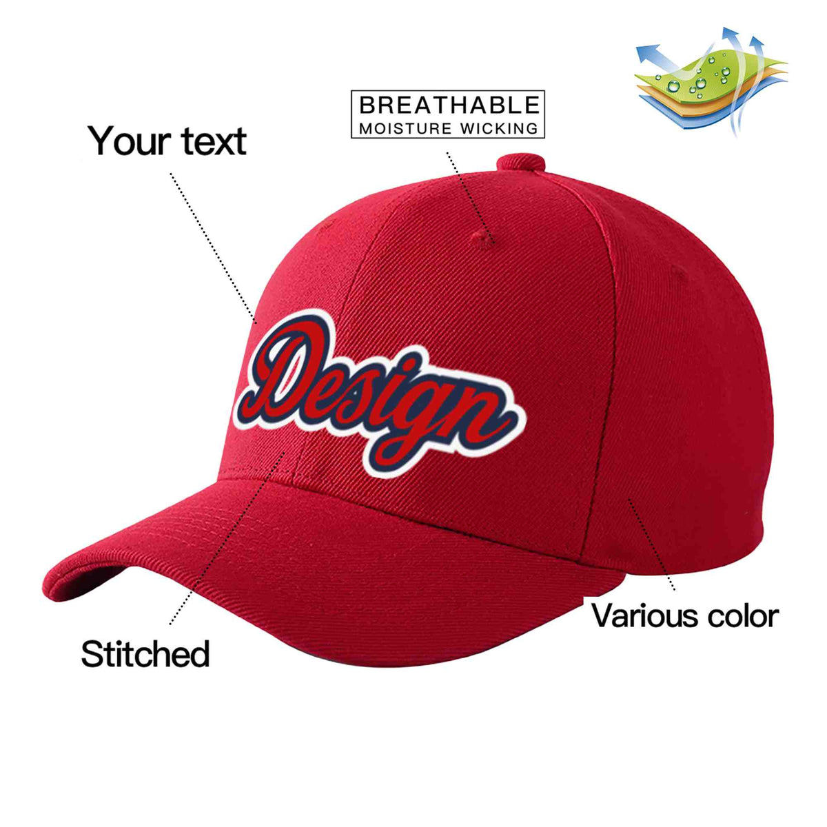 Custom Red Red-Navy Curved Eaves Sport Design Baseball Cap
