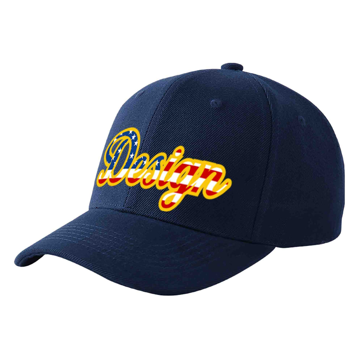 Custom Navy Vintage USA Flag-Gold Curved Eaves Sport Design Baseball Cap
