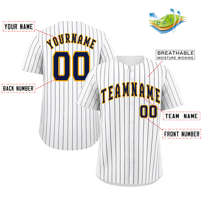 Custom White Navy-Gold Stripe Fashion Authentic Baseball Jersey