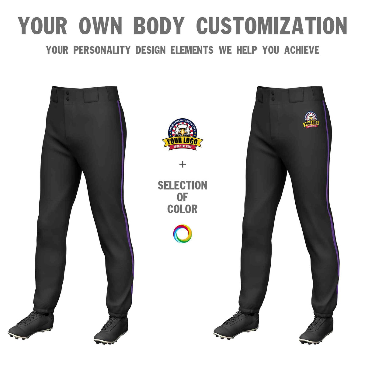 Custom Black Purple Classic Fit Stretch Practice Pull-up Baseball Pants