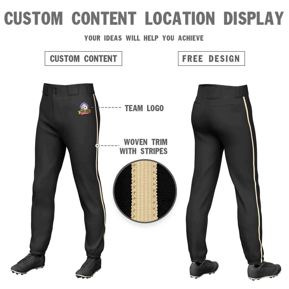 Custom Black Khaki Classic Fit Stretch Practice Pull-up Baseball Pants