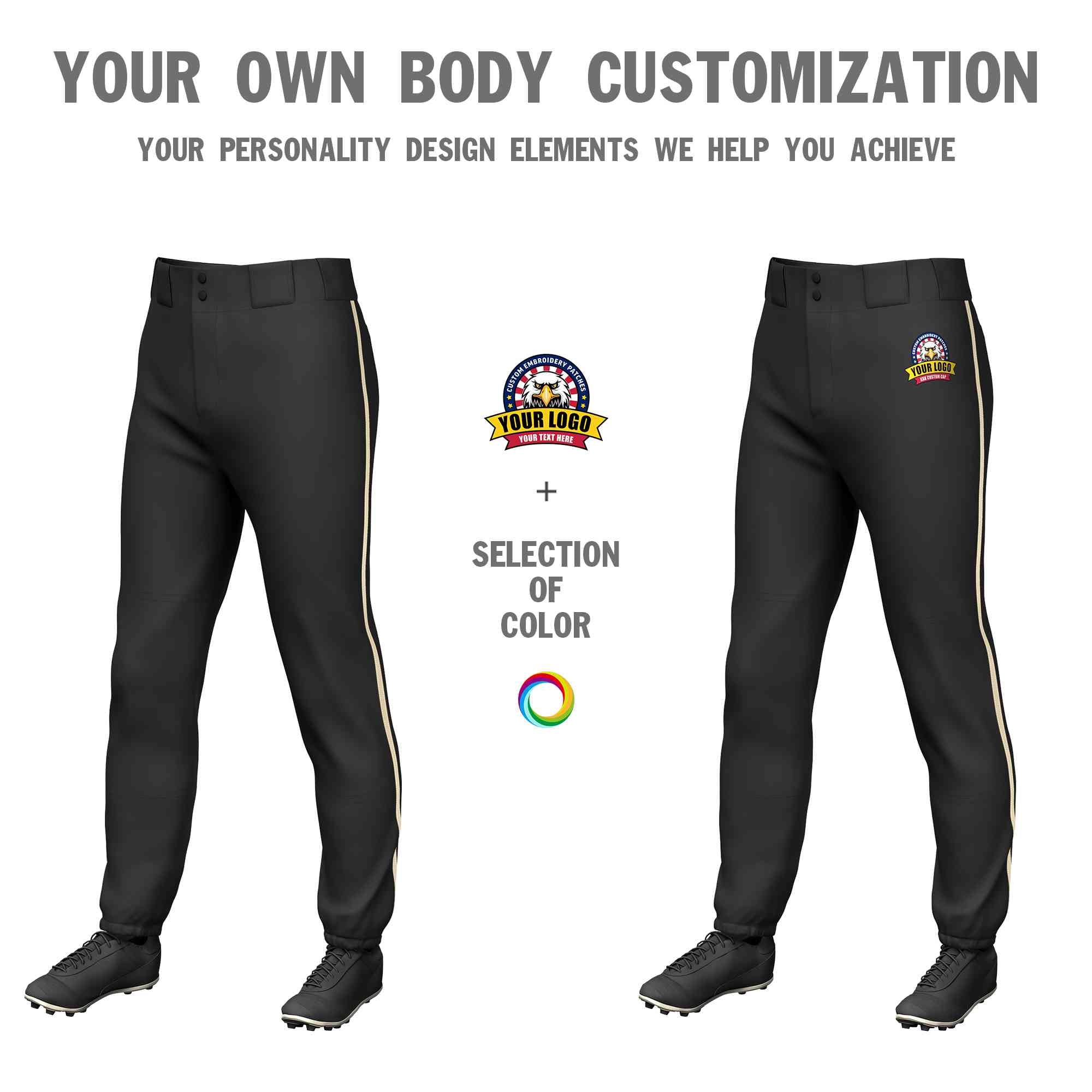 Custom Black Khaki Classic Fit Stretch Practice Pull-up Baseball Pants