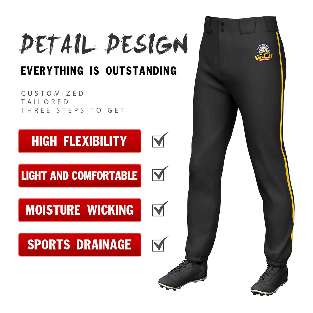 Custom Black Gold Classic Fit Stretch Practice Pull-up Baseball Pants