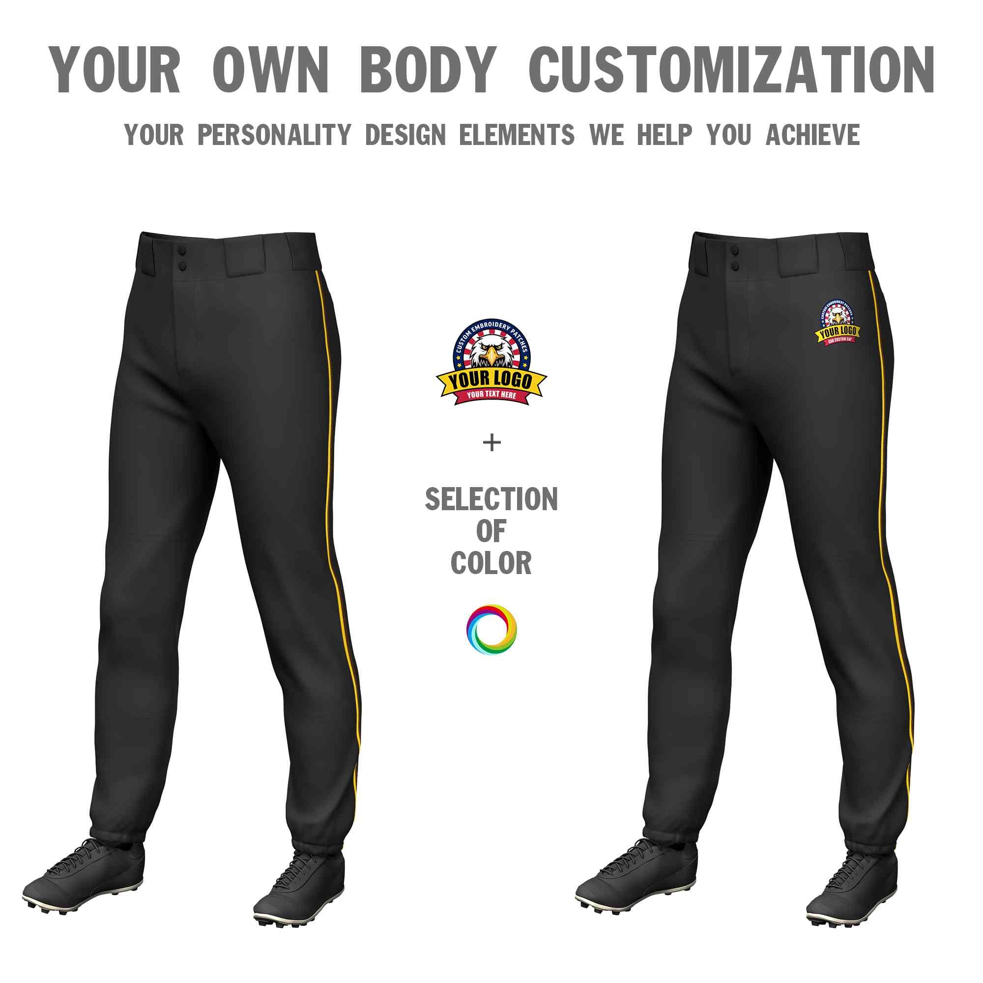Custom Black Gold-Brown Classic Fit Stretch Practice Pull-up Baseball Pants