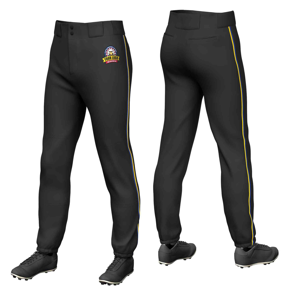 Custom Black Royal-Gold Classic Fit Stretch Practice Pull-up Baseball Pants