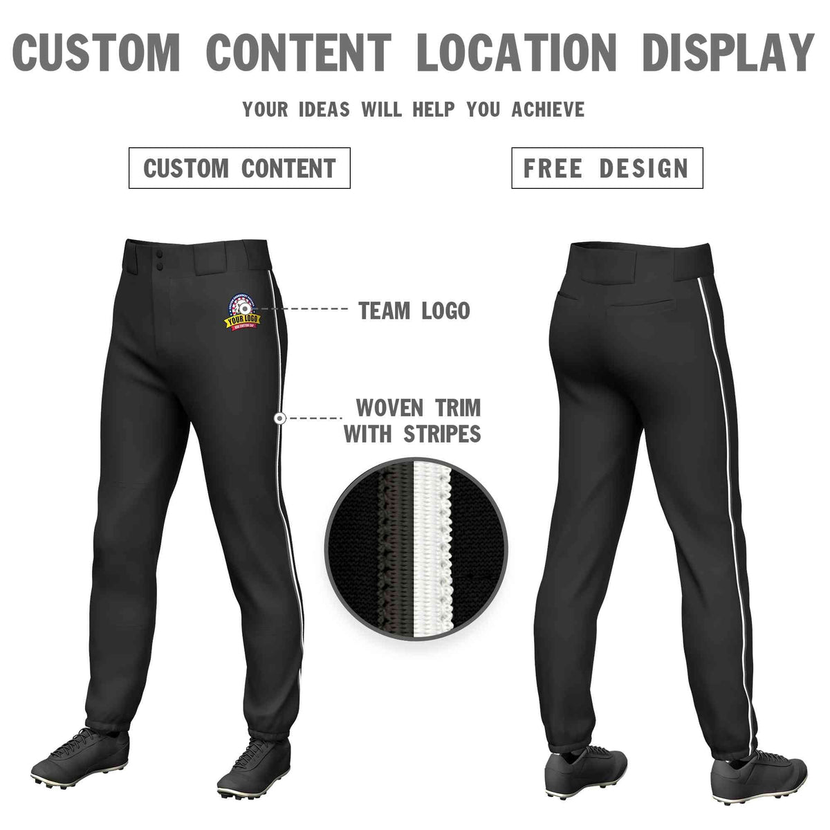 Custom Black Dark Gray-White Classic Fit Stretch Practice Pull-up Baseball Pants