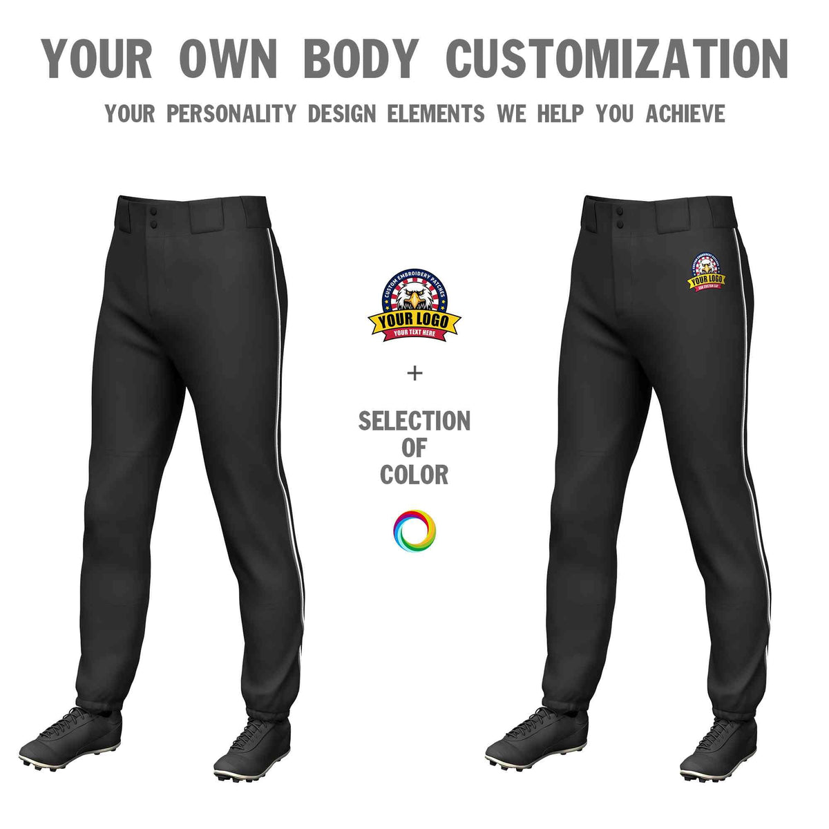Custom Black Dark Gray-White Classic Fit Stretch Practice Pull-up Baseball Pants
