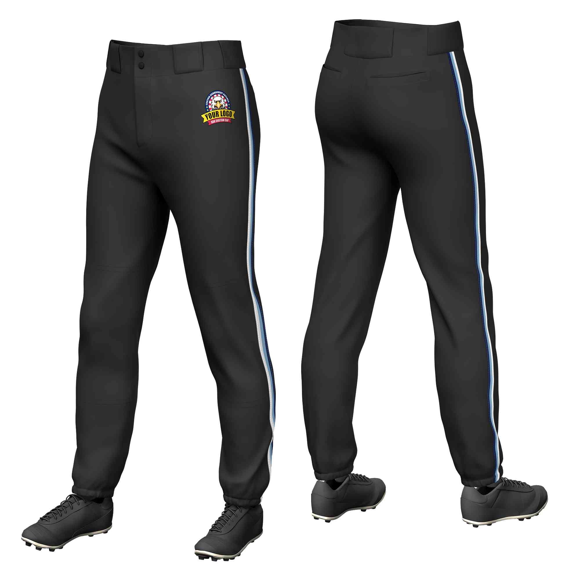 Custom Black White Light Blue-Navy Classic Fit Stretch Practice Pull-up Baseball Pants