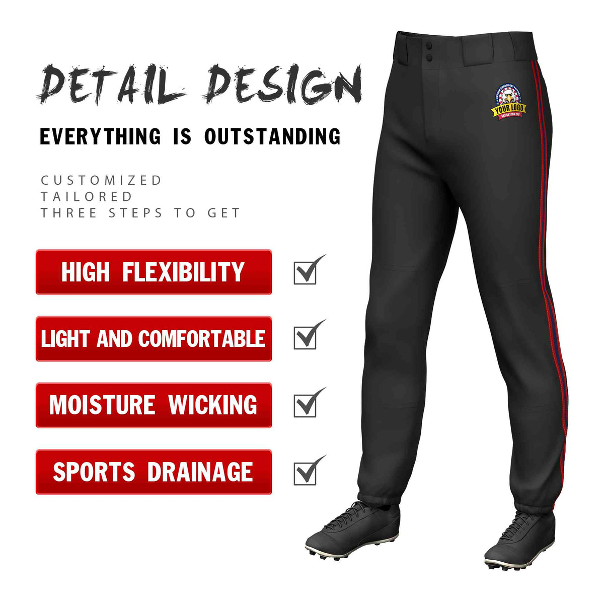 Custom Black Red Navy-Red Classic Fit Stretch Practice Pull-up Baseball Pants