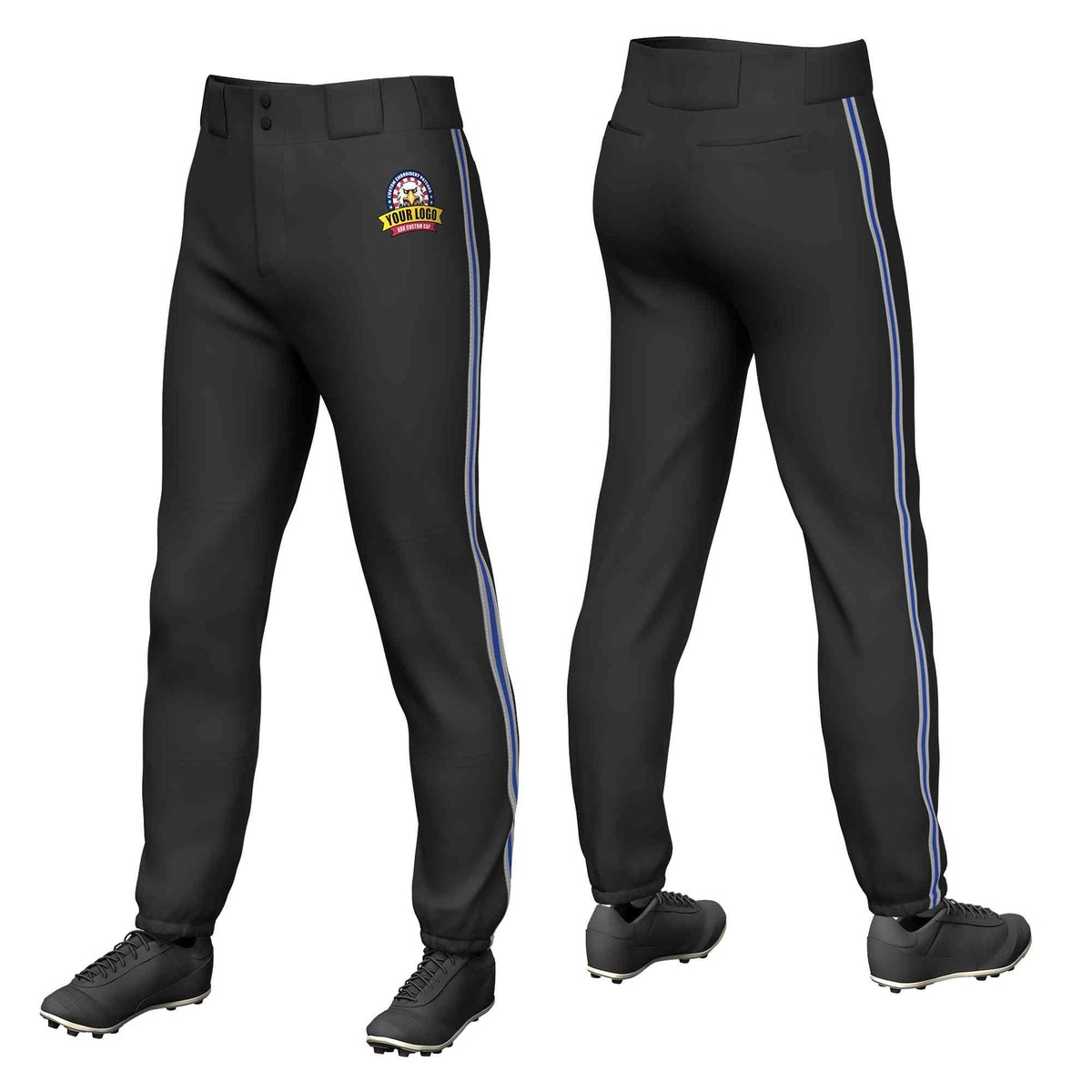 Custom Black Gray Royal-Gray Classic Fit Stretch Practice Pull-up Baseball Pants
