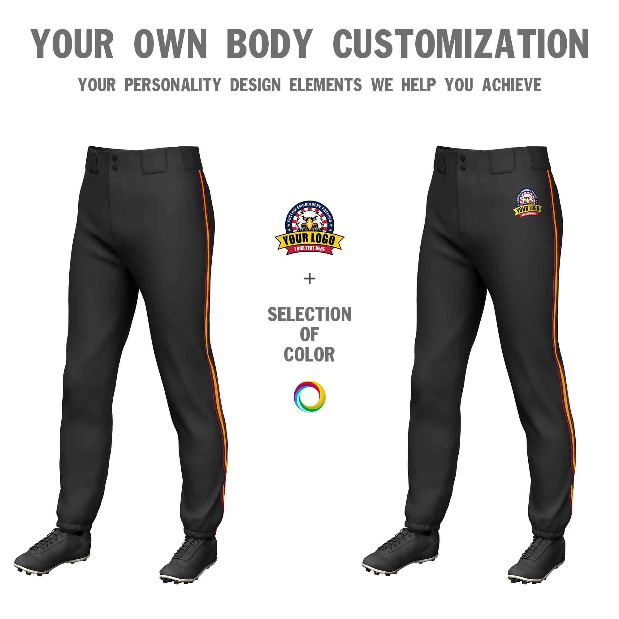 Custom Black Crimson Gold-Crimson Classic Fit Stretch Practice Pull-up Baseball Pants