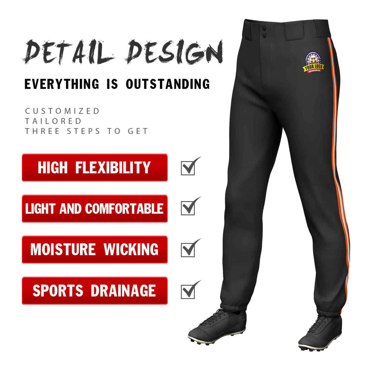 Custom Black Orange White-Orange Classic Fit Stretch Practice Pull-up Baseball Pants
