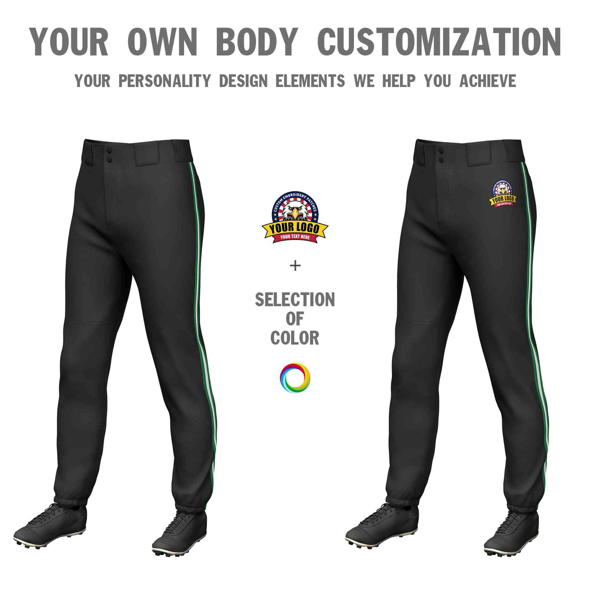 Custom Black Kelly Green White-Kelly Green Classic Fit Stretch Practice Pull-up Baseball Pants