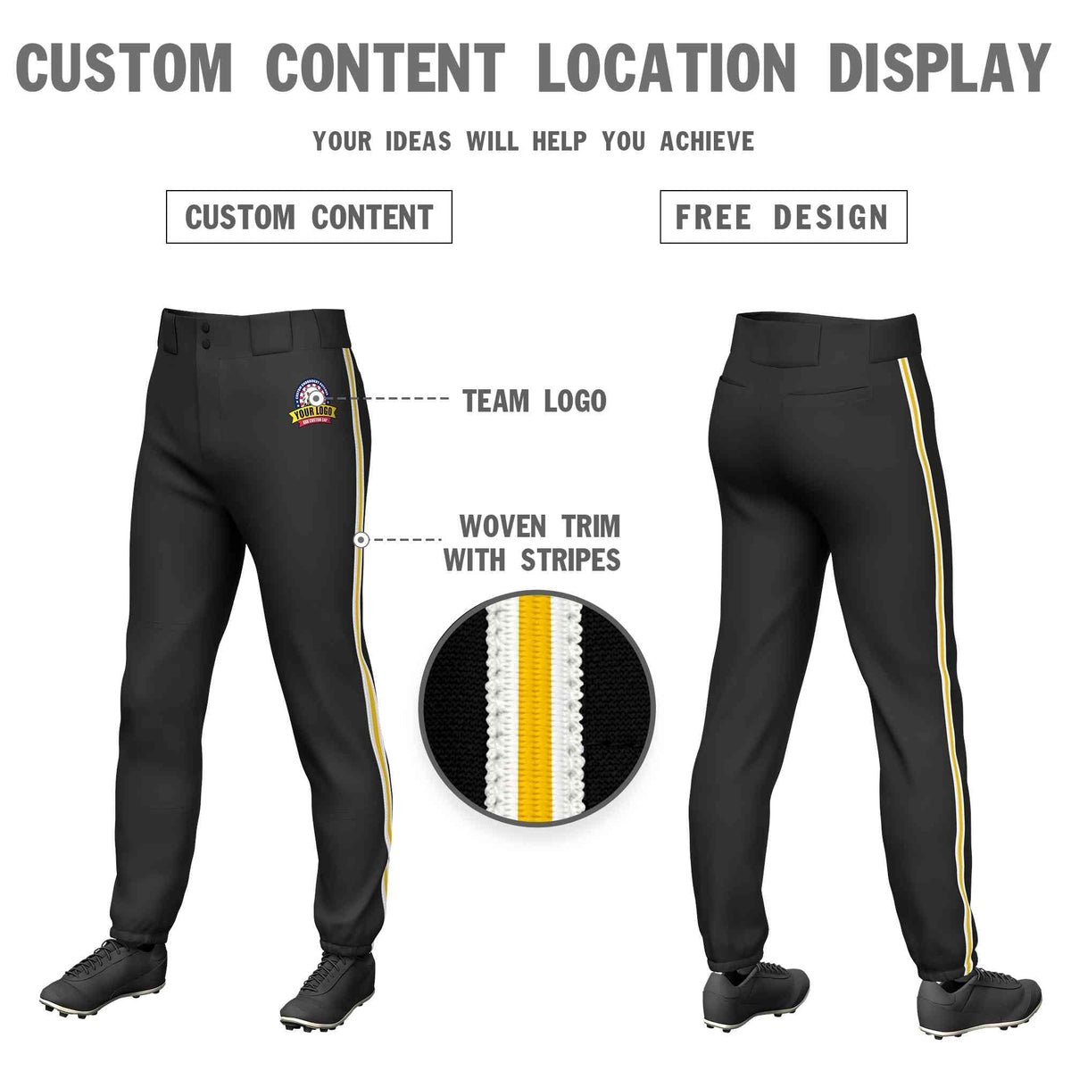 Custom Black White Gold-White Classic Fit Stretch Practice Pull-up Baseball Pants
