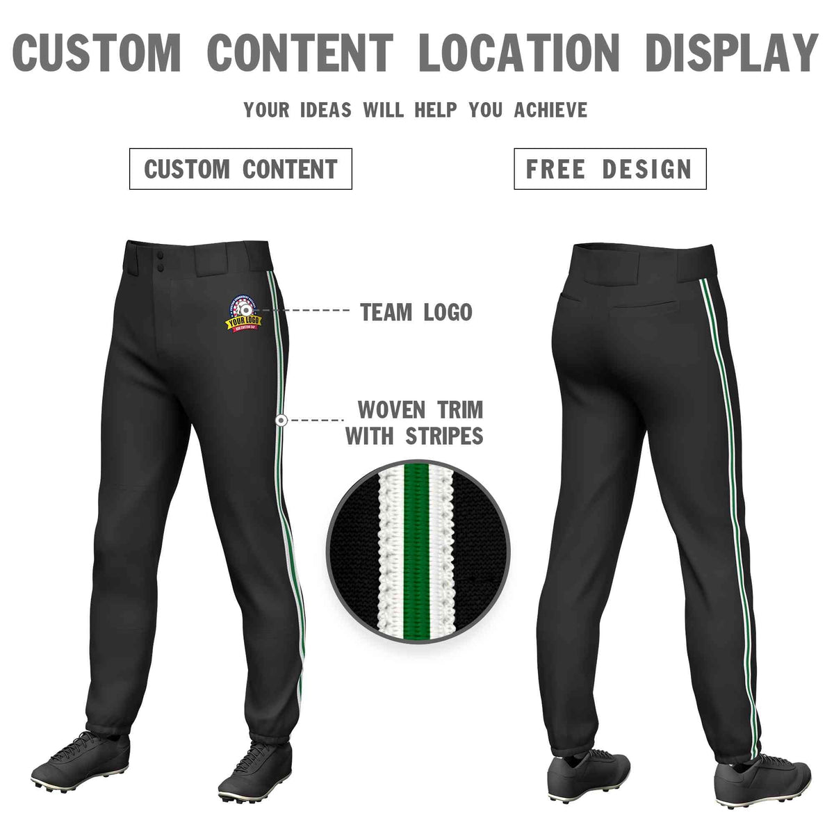 Custom Black White Kelly Green-White Classic Fit Stretch Practice Pull-up Baseball Pants
