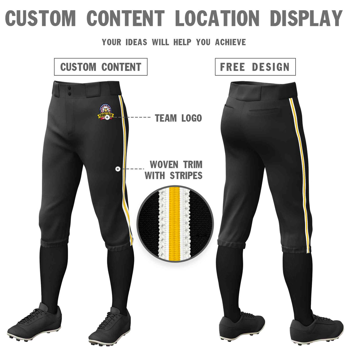 Custom Black White Gold-White Classic Fit Stretch Practice Knickers Baseball Pants