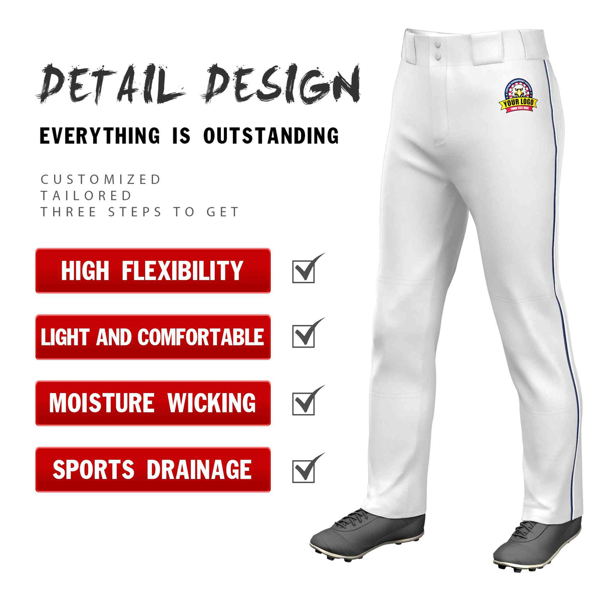 Custom White Navy-White Classic Fit Stretch Practice Loose-fit Baseball Pants