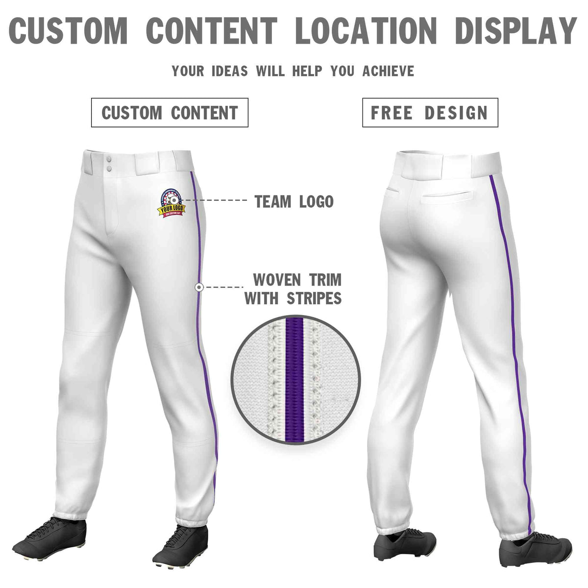 Custom White Purple Classic Fit Stretch Practice Pull-up Baseball Pants