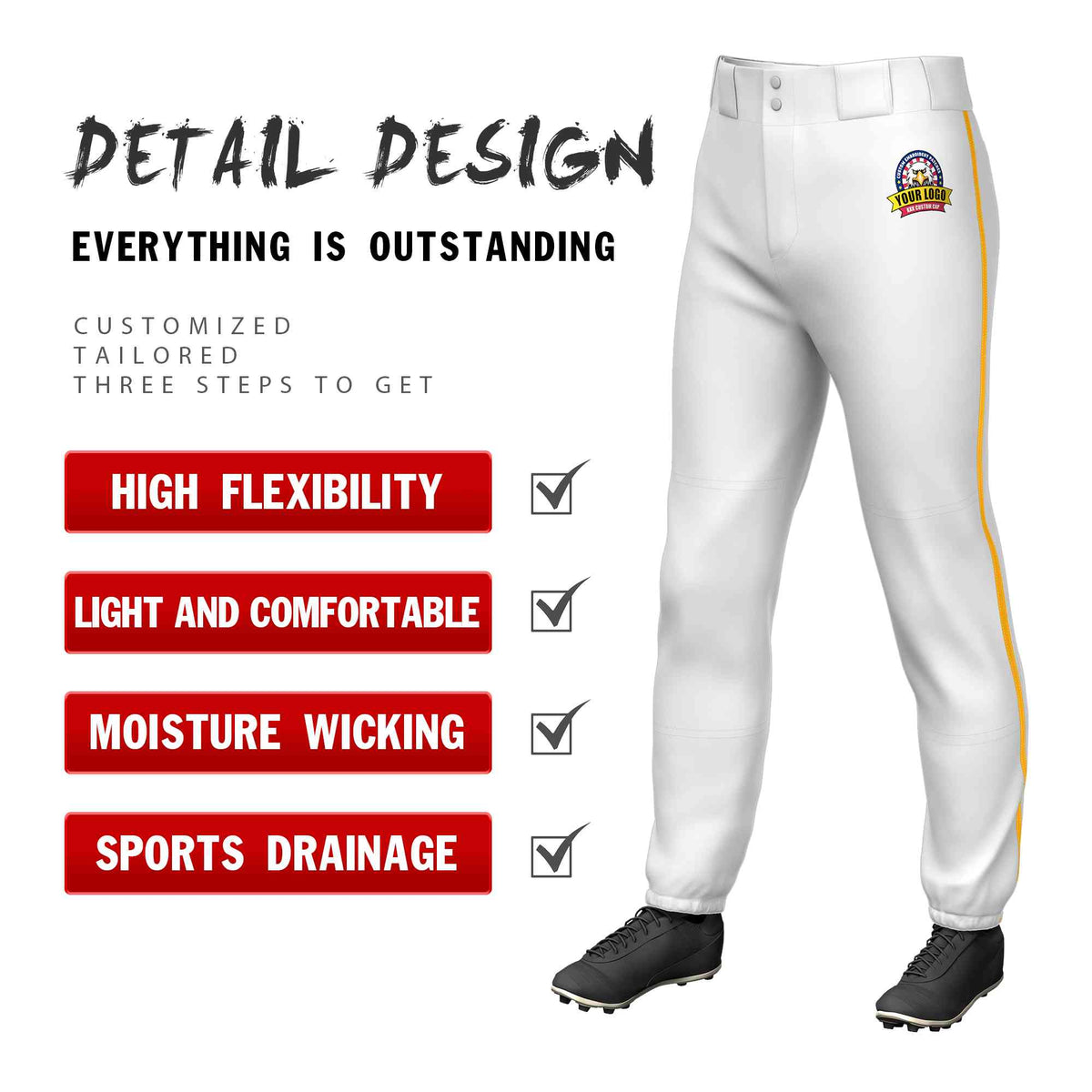 Custom White Yellow Classic Fit Stretch Practice Pull-up Baseball Pants
