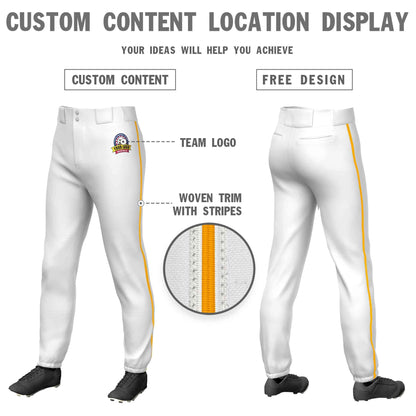 Custom White Yellow Classic Fit Stretch Practice Pull-up Baseball Pants