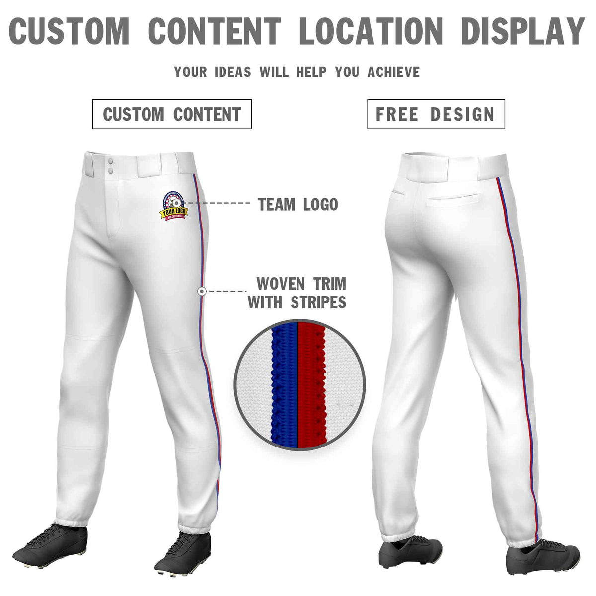Custom White Royal-Red Classic Fit Stretch Practice Pull-up Baseball Pants