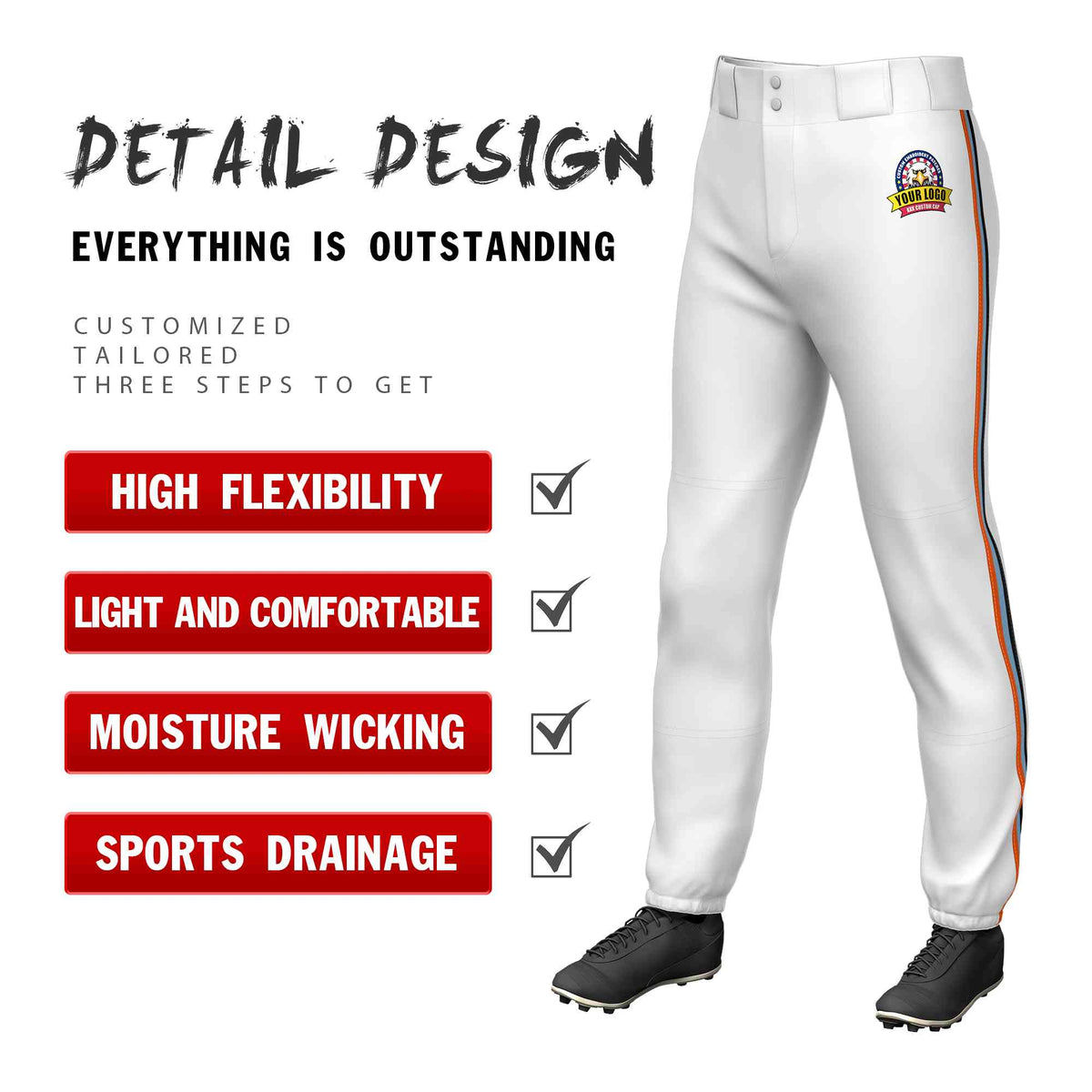 Custom White Orange Light Blue-Black Classic Fit Stretch Practice Pull-up Baseball Pants