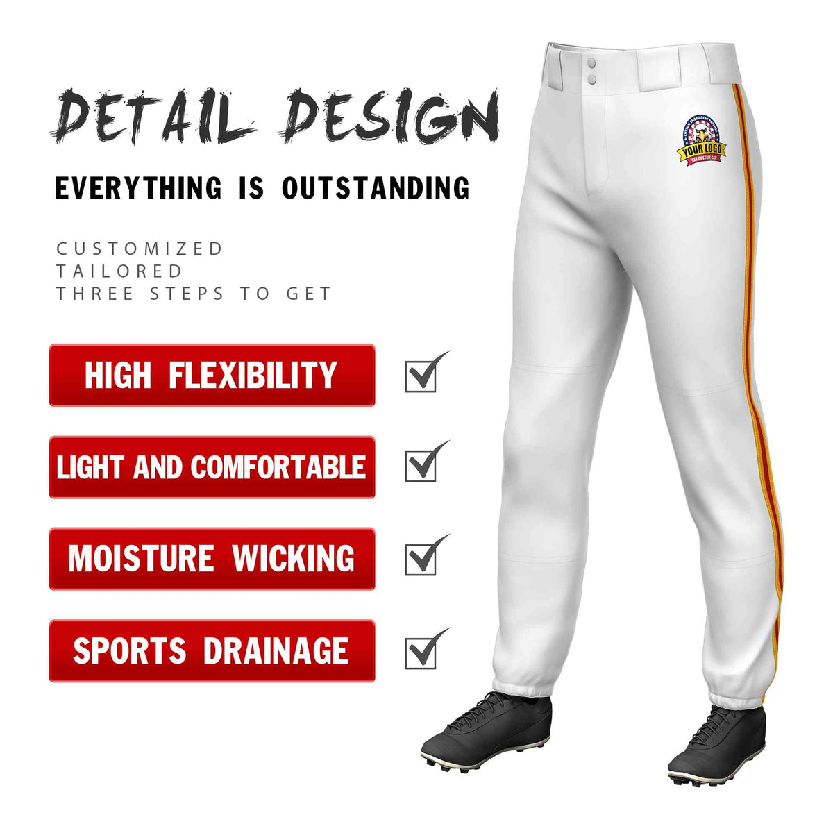 Custom White Yellow Red-Yellow Classic Fit Stretch Practice Pull-up Baseball Pants