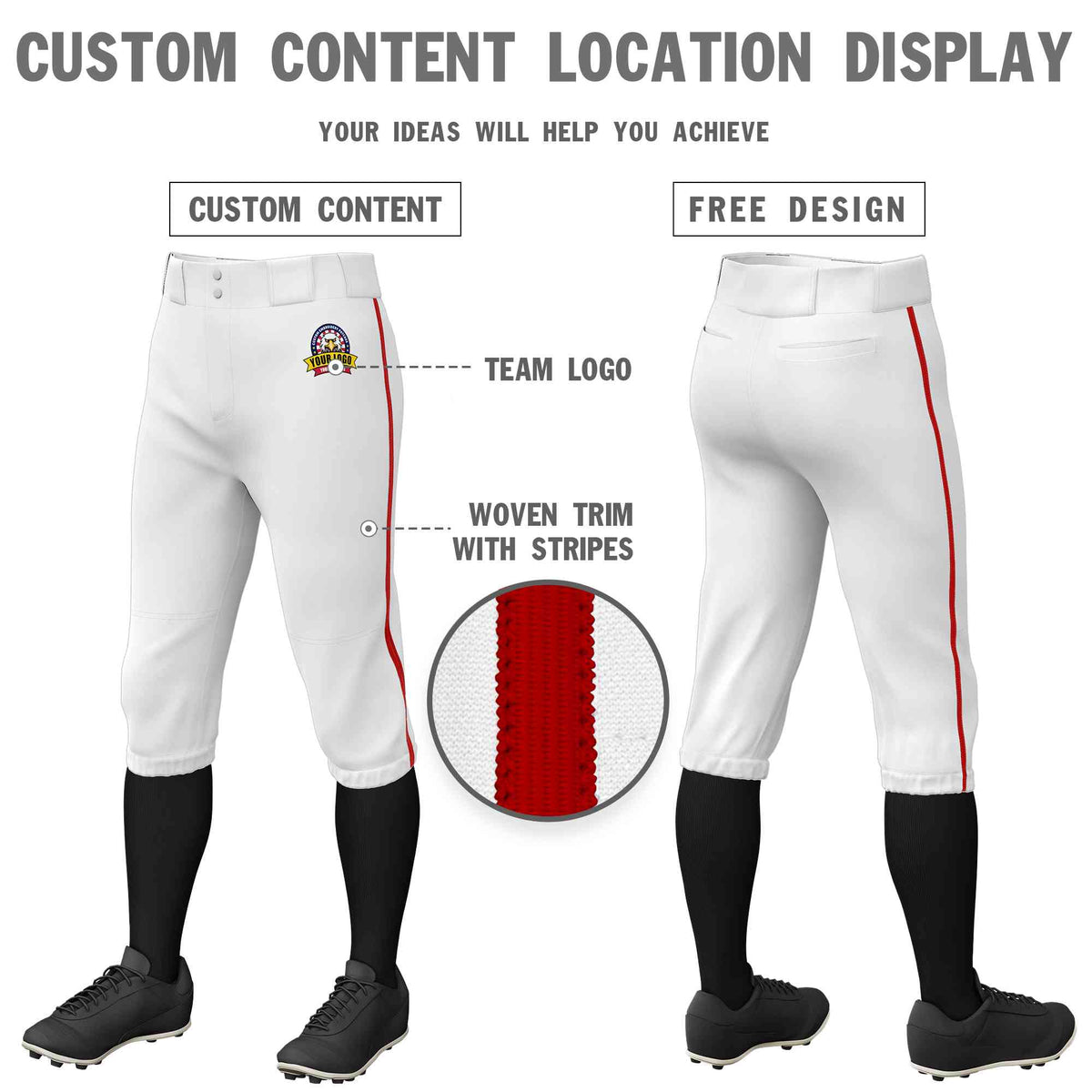 Custom White Red Classic Fit Stretch Practice Knickers Baseball Pants