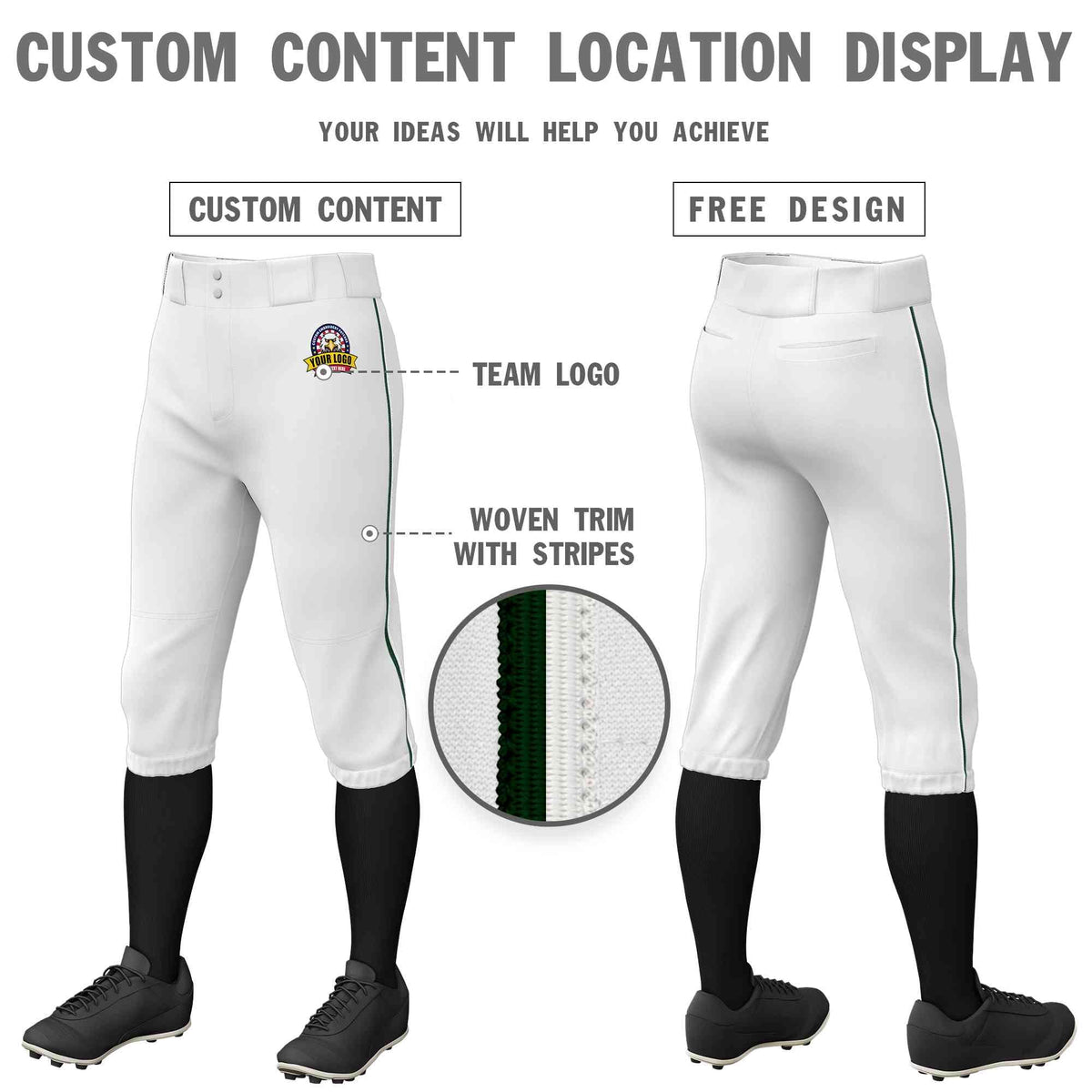 Custom White Green-White Classic Fit Stretch Practice Knickers Baseball Pants