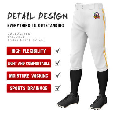 Custom White Yellow White-Yellow Classic Fit Stretch Practice Knickers Baseball Pants