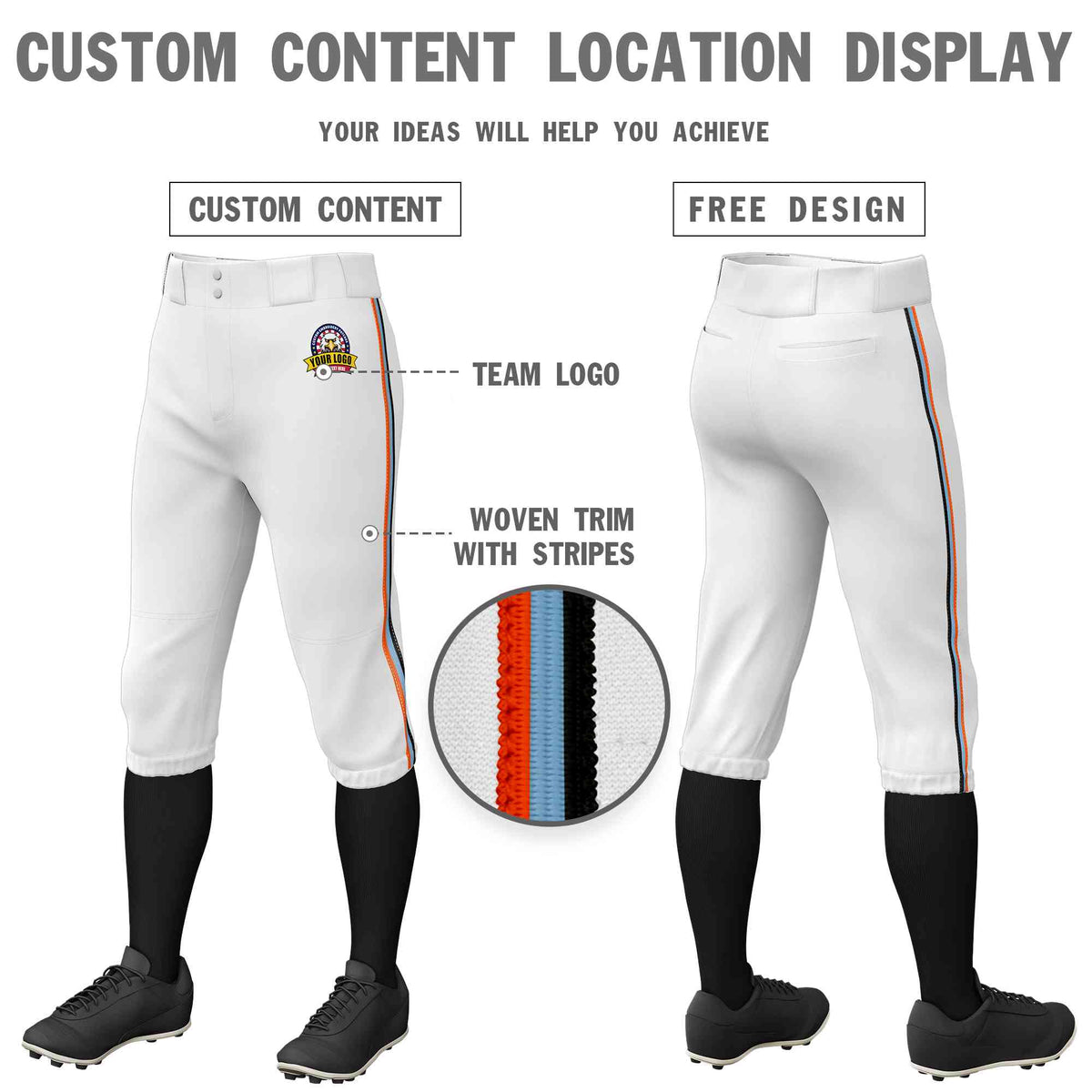 Custom White Orange Light Blue-Black Classic Fit Stretch Practice Knickers Baseball Pants
