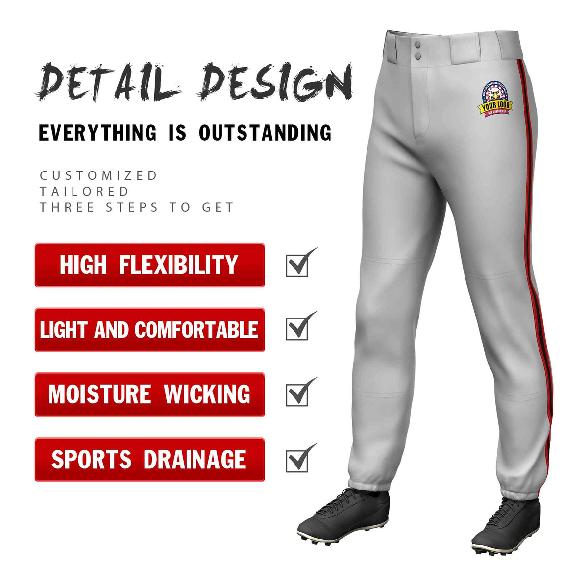 Custom Gray Red Black-Red Classic Fit Stretch Practice Pull-up Baseball Pants