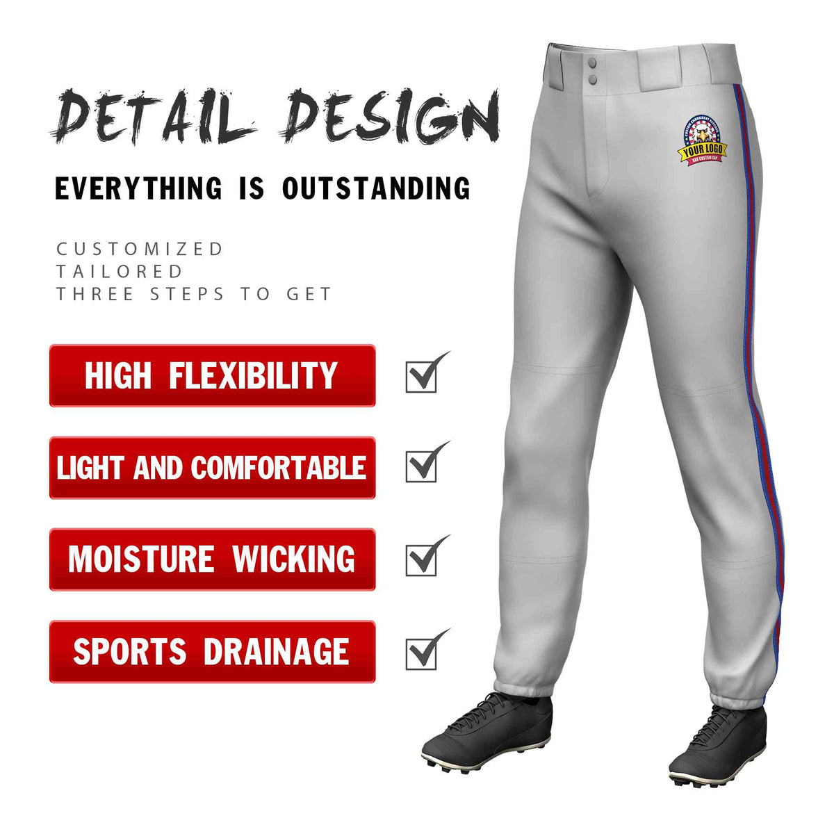 Custom Gray Royal Red-Royal Classic Fit Stretch Practice Pull-up Baseball Pants