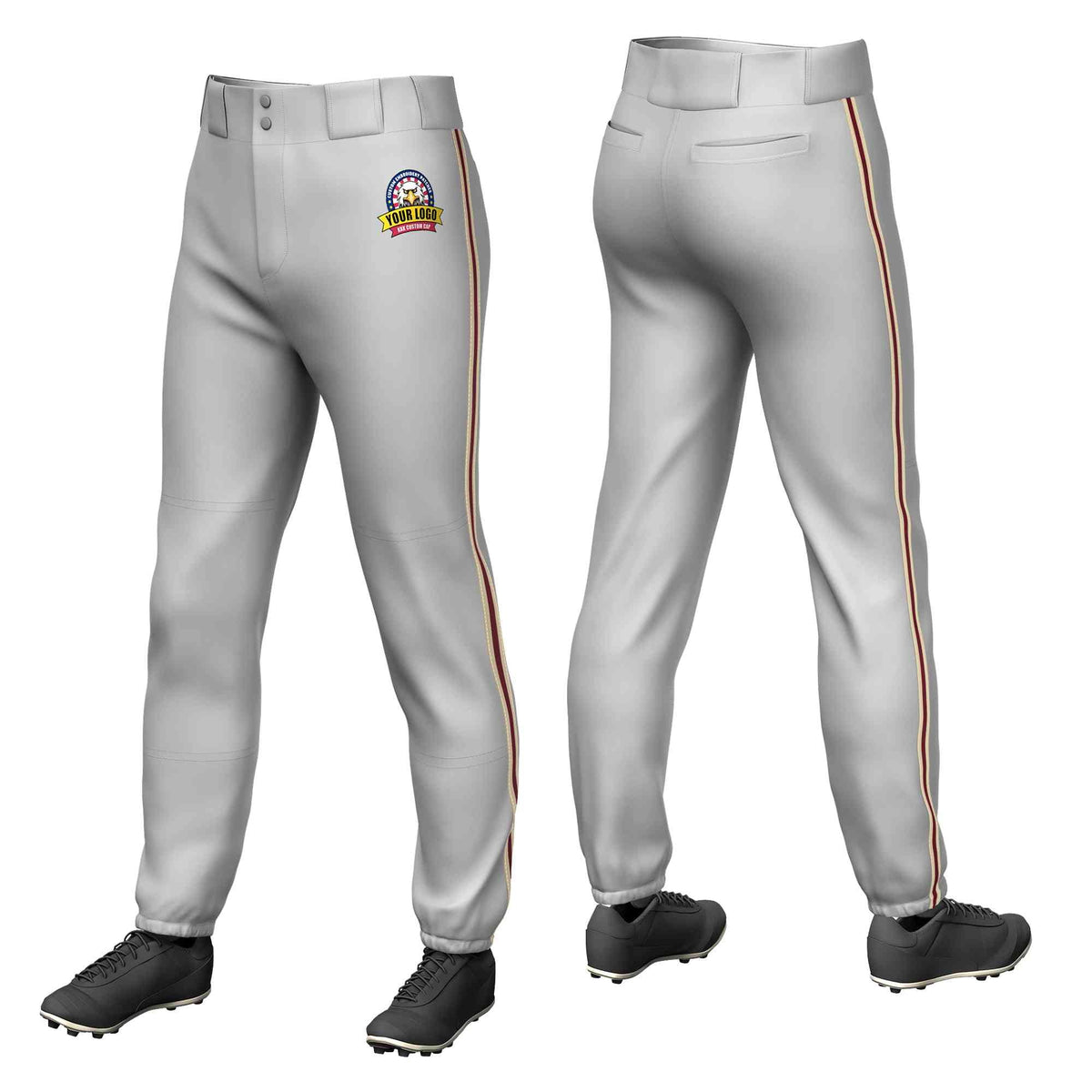 Custom Gray Khaki Crimson-Khaki Classic Fit Stretch Practice Pull-up Baseball Pants