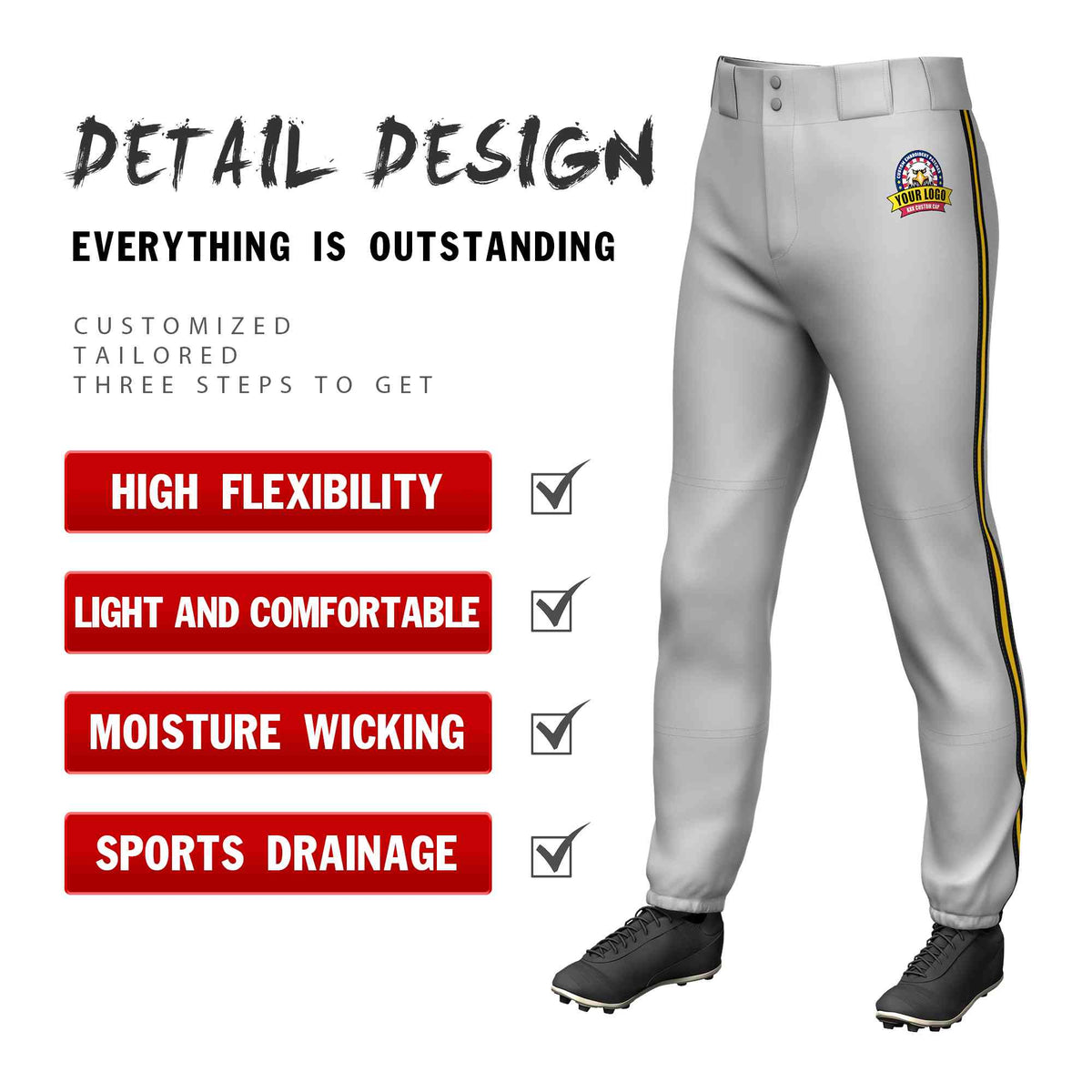 Custom Gray Black Gold-Black Classic Fit Stretch Practice Pull-up Baseball Pants