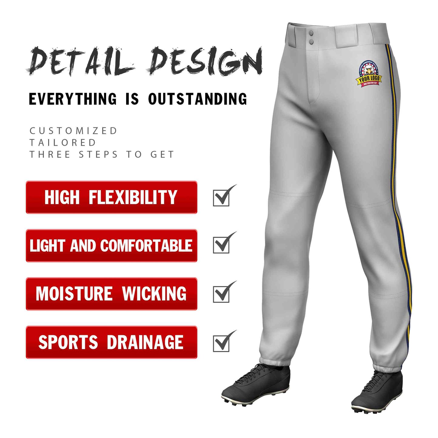 Custom Gray Navy Gold-Navy Classic Fit Stretch Practice Pull-up Baseball Pants
