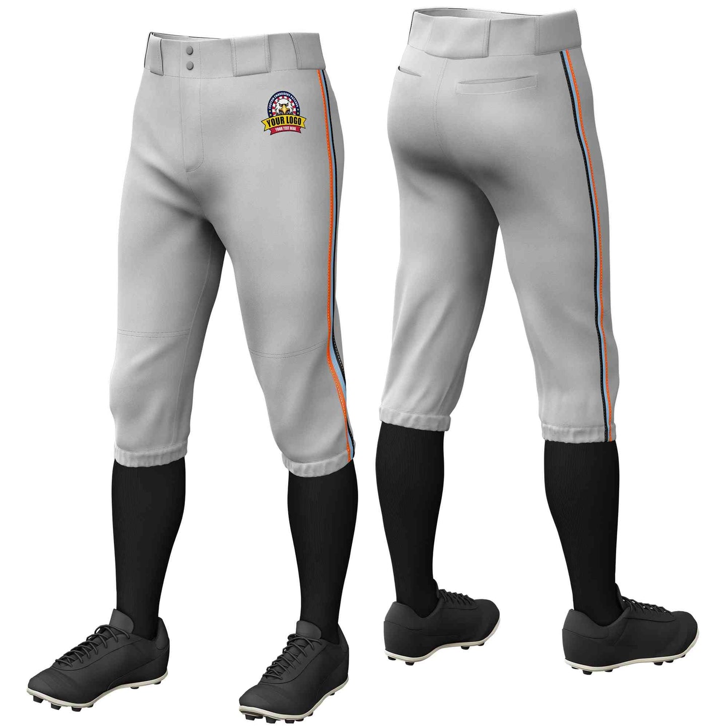 Custom Gray Orange Light Blue-Black Classic Fit Stretch Practice Knickers Baseball Pants