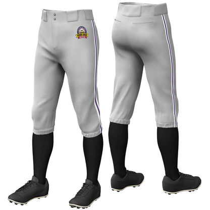 Custom Gray White Purple-White Classic Fit Stretch Practice Knickers Baseball Pants