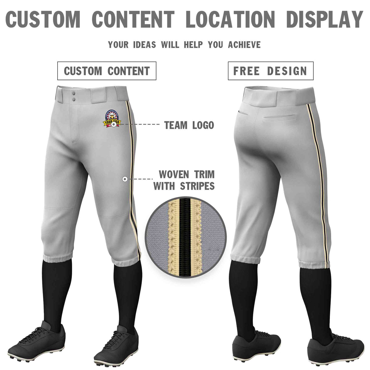 Custom Gray Khaki Black-Khaki Classic Fit Stretch Practice Knickers Baseball Pants