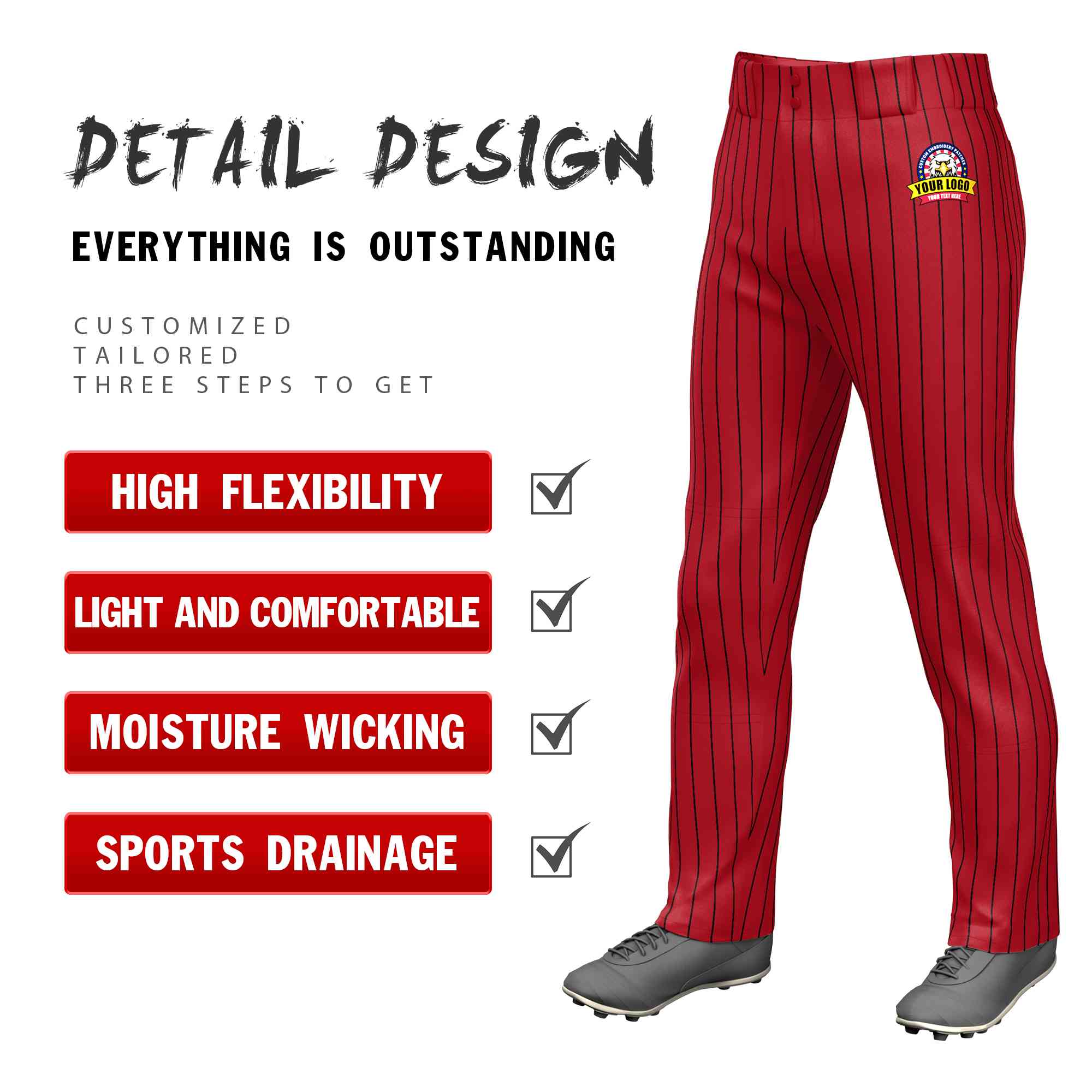 Custom Red Black Pinstripe Fit Stretch Practice Loose-fit Baseball Pants