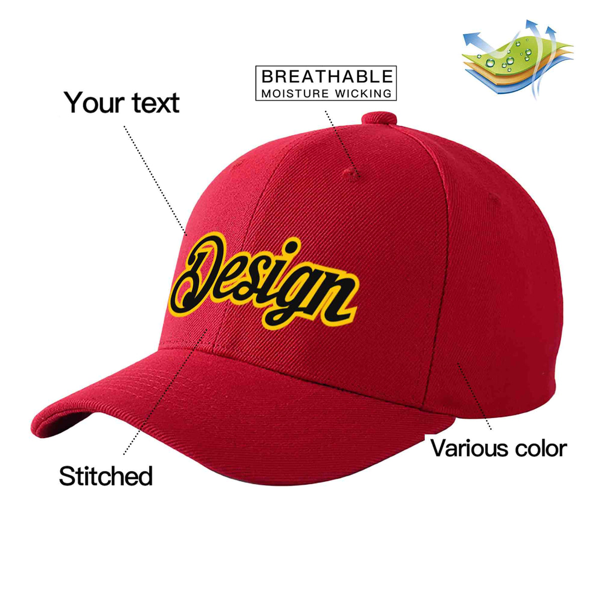 Custom Red Black-Gold Curved Eaves Sport Design Baseball Cap