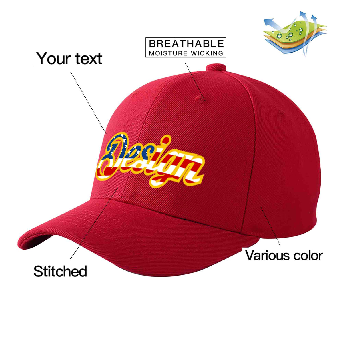 Custom Red Vintage USA Flag-Gold Curved Eaves Sport Design Baseball Cap