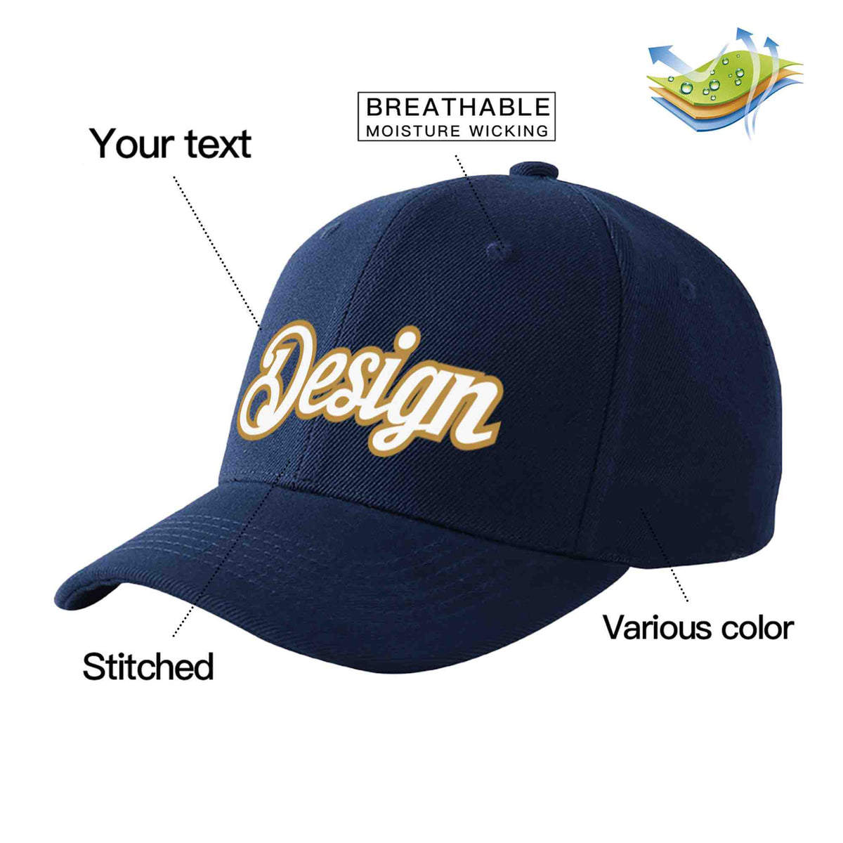 Custom Navy White-Old Gold Curved Eaves Sport Design Baseball Cap
