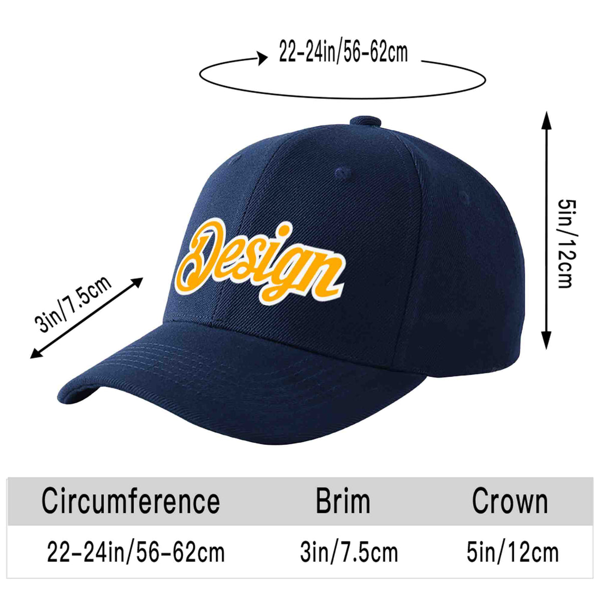 Custom Navy Yellow-White Curved Eaves Sport Design Baseball Cap