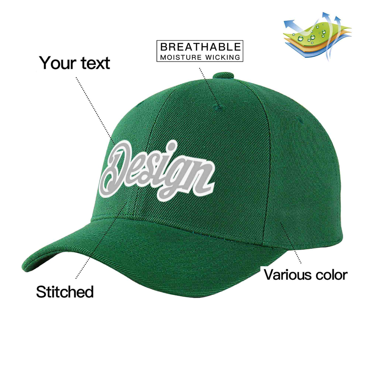 Custom Green Gray-White Curved Eaves Sport Design Baseball Cap