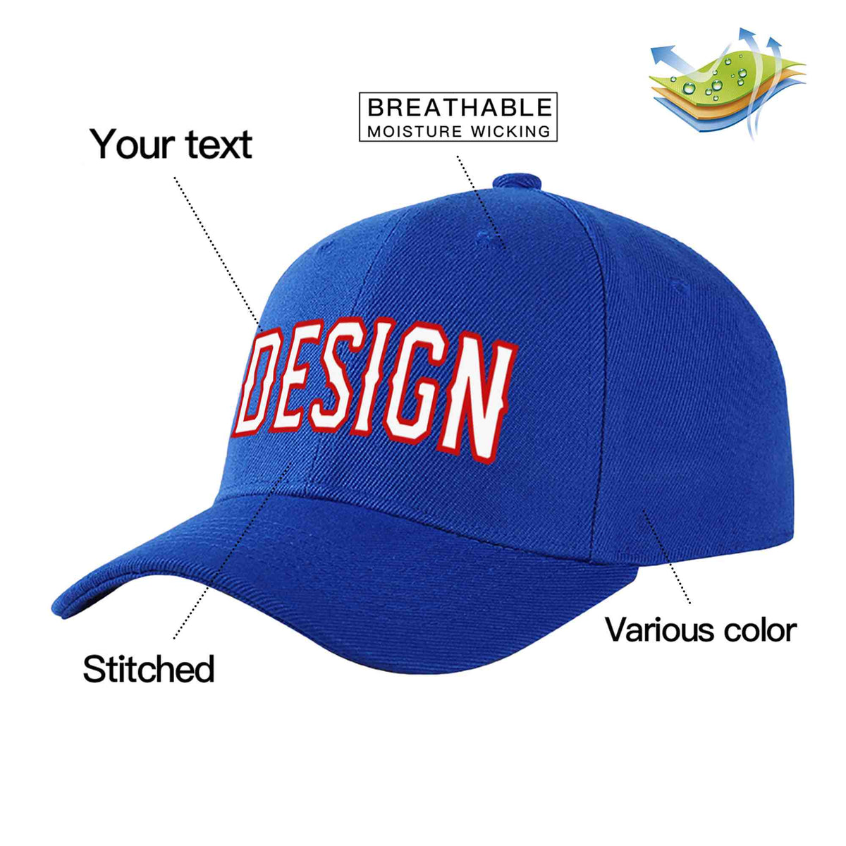 Custom Royal White-Red Curved Eaves Sport Design Baseball Cap