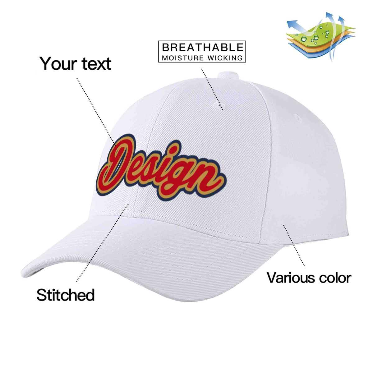 Custom White Red-Old Gold Curved Eaves Sport Design Baseball Cap